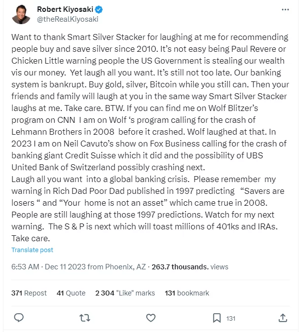 Tweetul lui Robert Kiyosaki privind avertismentul privind prăbușirea S&P - 11 decembrie 2023.